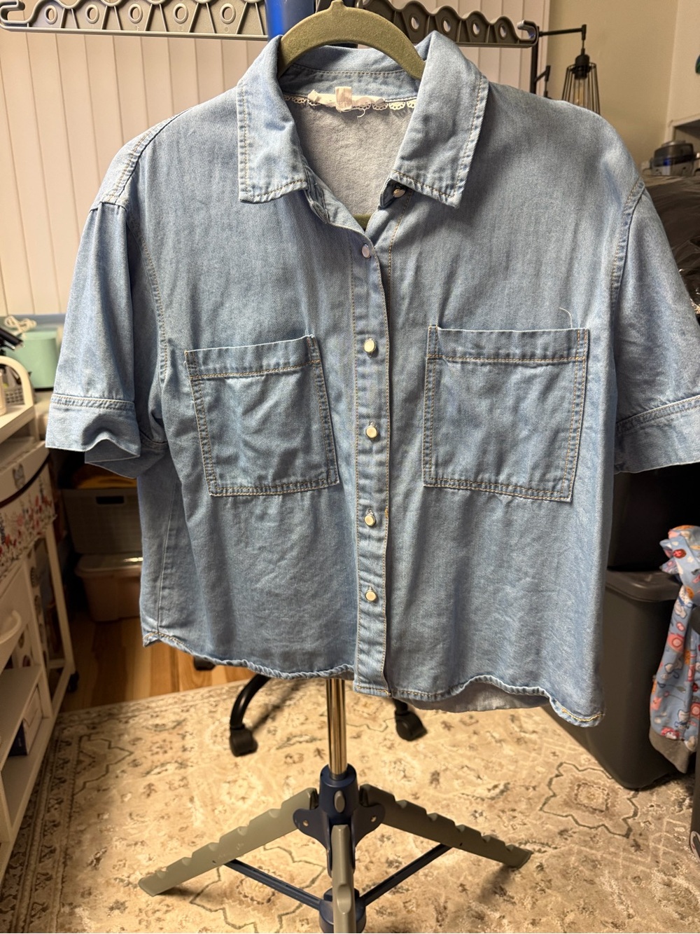 Womans super soft Light Blue Denim Short-Sleeve Button-Up Shirt
